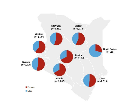 Distribution of public sector health workforce by sex and province, Kenya 